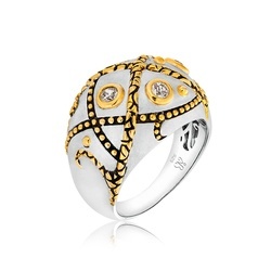 Domed Sterling Silver Crossroads Ring with 18K Gold and White Topaz
