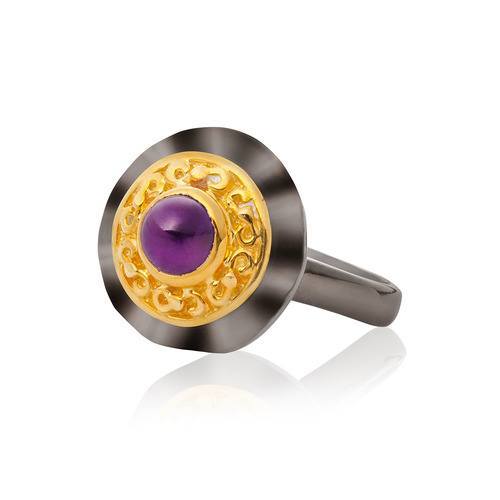 Black Rhodium 18K Yellow Gold Plated Sterling Silver Amethyst Ring